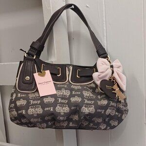 Juicy Couture Shoulder Bag – Y2K Logo Print, Pink Bow, Heart Charm